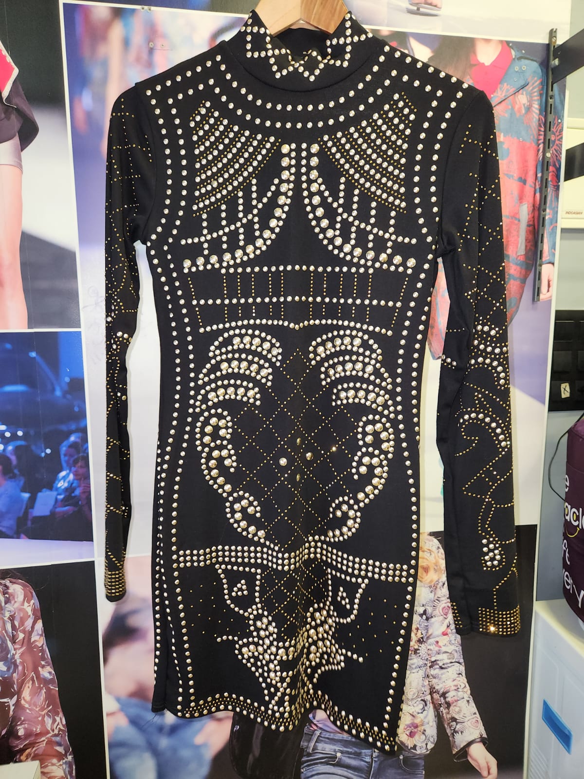 Rivet Buttons Rhinestone Black & Golden Dress Dress