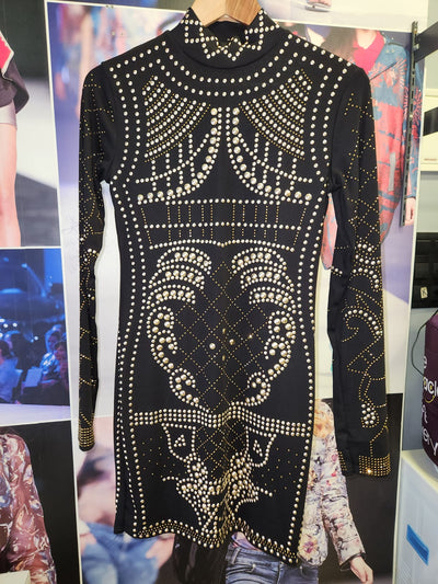 Rivet Buttons Rhinestone Black & Golden Dress Dress