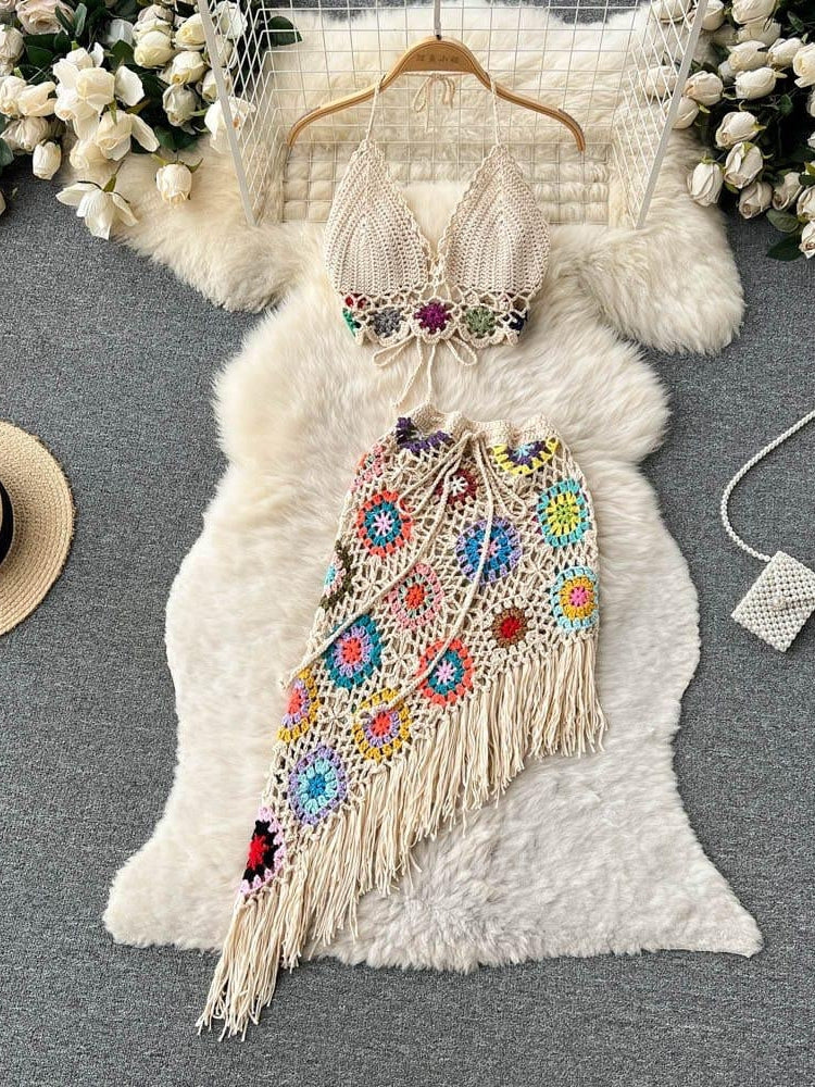 Crochet Bikini & Short Tassel Skirt Set