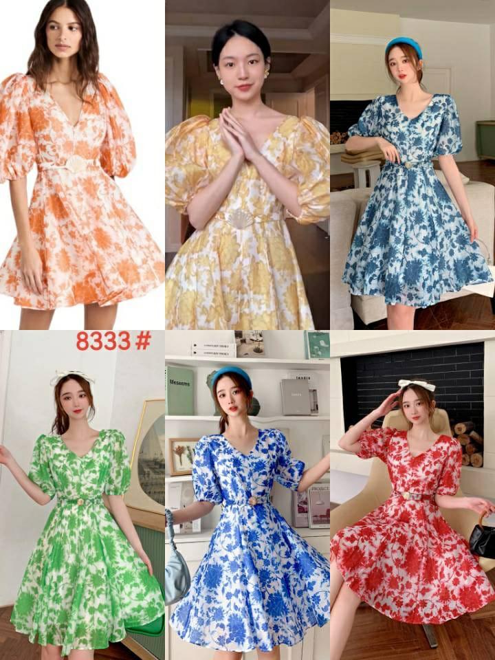 Collage of six floral A-line dresses with puff sleeves and belted waist in orange, yellow, green, blue, and red.