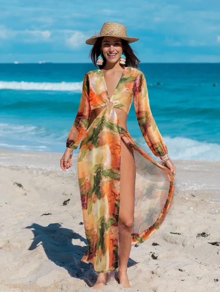 Tie & Dye Print Cutout Hollow Dress