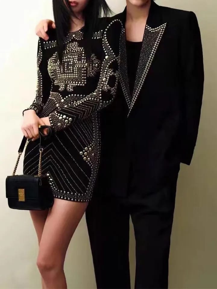 Rivet Buttons Rhinestone Black & Golden Dress Dress