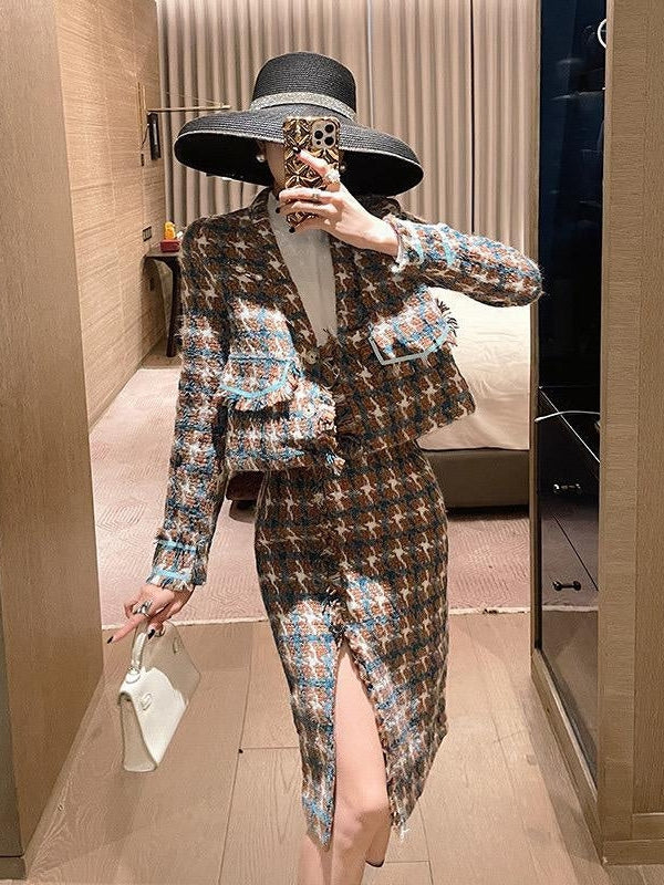 V Neck Tweed Blazer & Slit Skirt Coord Set