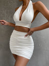 Ruched Halter Neck Top & Skirt Coord Set White