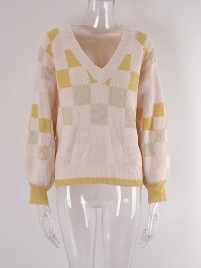 V Neck Plaid Contrast Color Knitwear Pullover Sweater