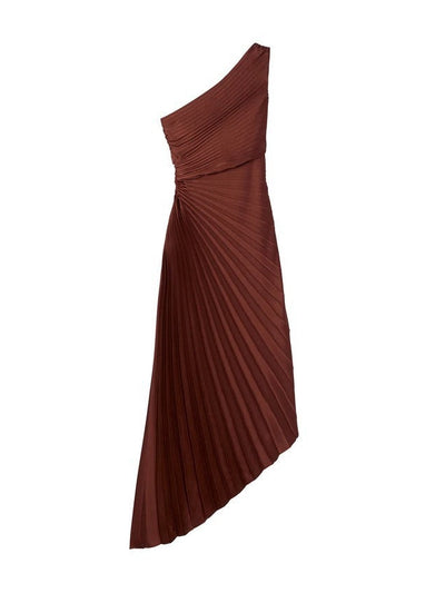 One Shoulder Sun Pleated Satin Dress- Brown