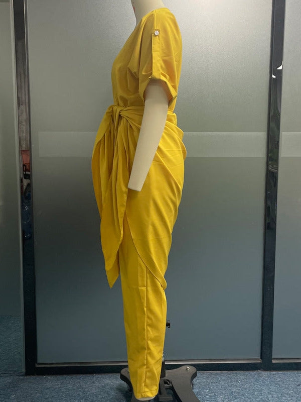 Casual V Neck Short Sleeve Jumpsuit Style Coord Set