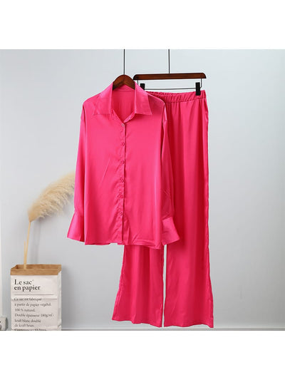 Fuchsia Pink Satin Shirt & Pants Coord Set