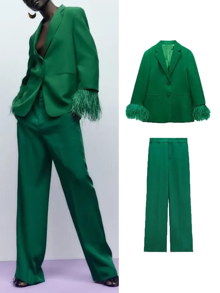 Feather Sleeves Blazer & Pants Coord Set