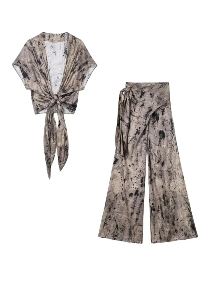 Tie & Dye Brown Knotted Top & Pants Coord Set