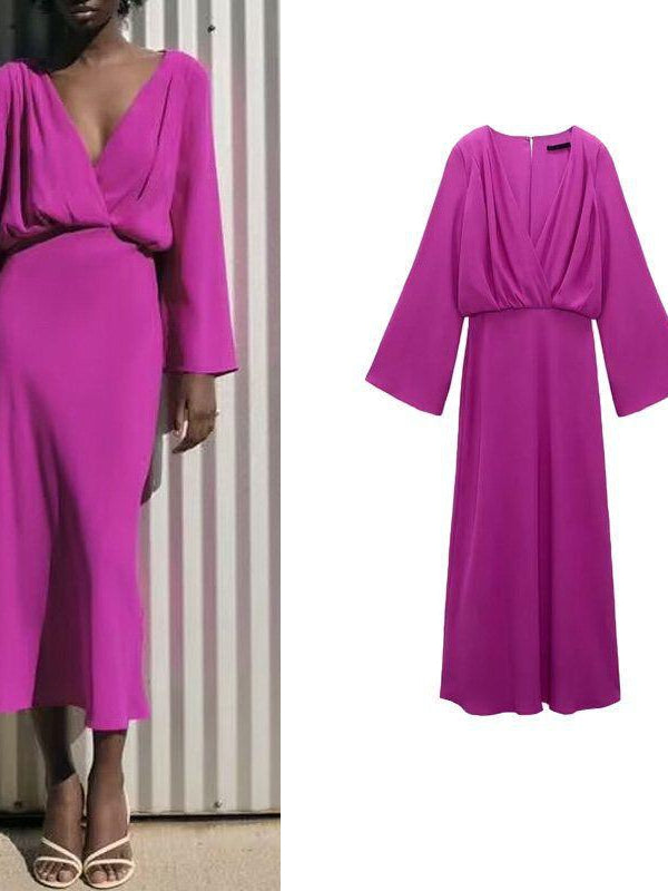 Purple Surplice V Neck Long Sleeve Dress