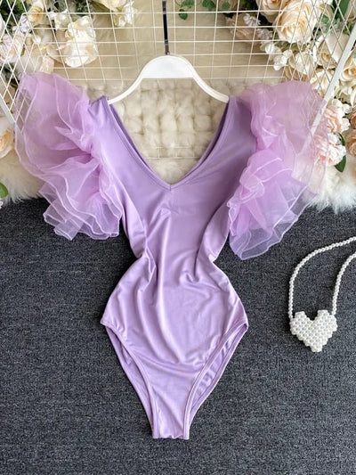 Mesh Shoulder V Neck Bodysuit Top