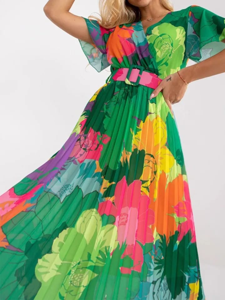 Floral Print Chiffon Dress with Belt