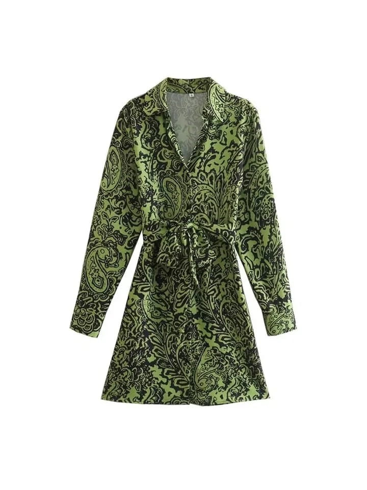 Green Satin Print Dress