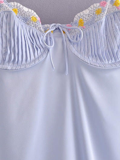 Blue Floral Embroidered Satin Spaghetti Strap Dress