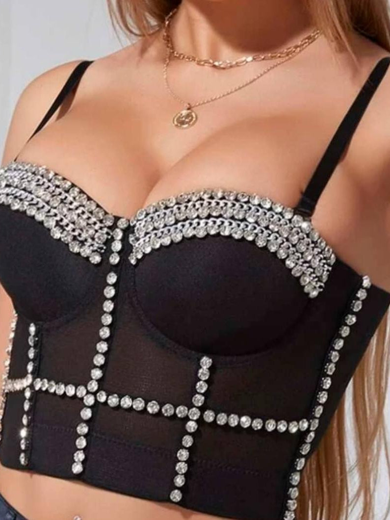 Black push-up bralette bustier with crystal rhinestones along scalloped neckline and grid panels on sheer mesh.