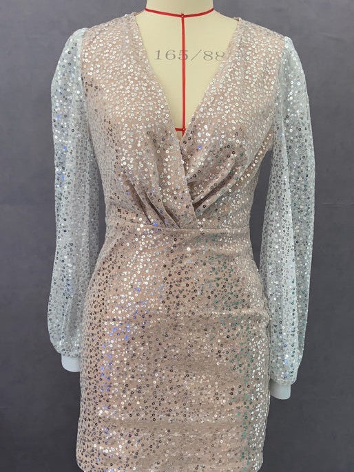 Lantern Sleeve Sequins Beaded V Neck Hip Dress