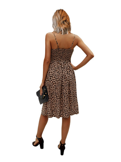 V Neck Spaghetti Strap Leopard Print Midi Dress