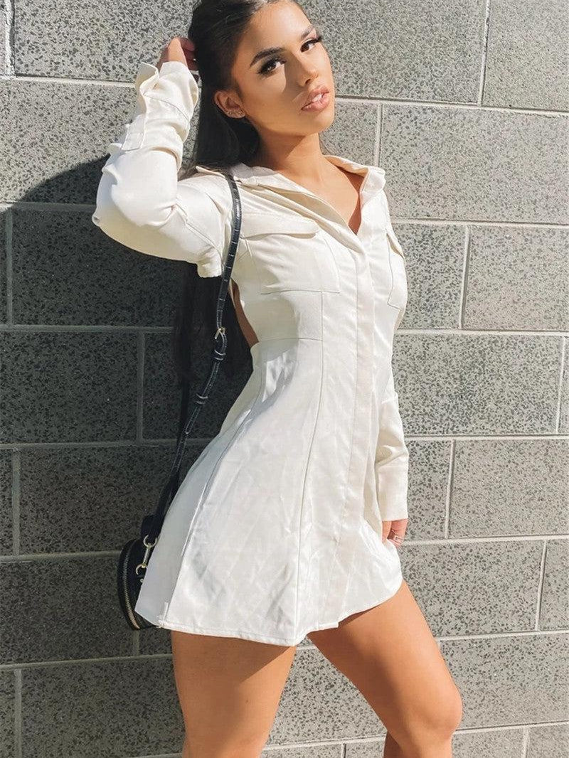 A-line Solid Backless V-neck Full Sleeves Dress