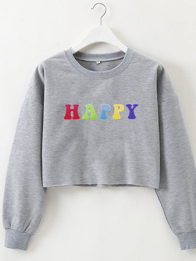 Happy Print Crop Sweatshirt
