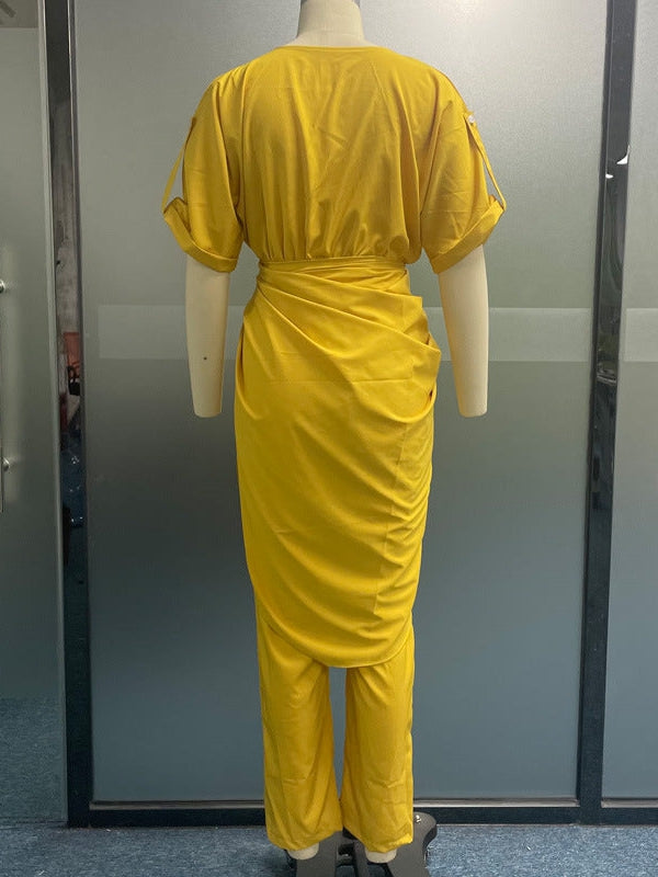 Casual V Neck Short Sleeve Jumpsuit Style Coord Set