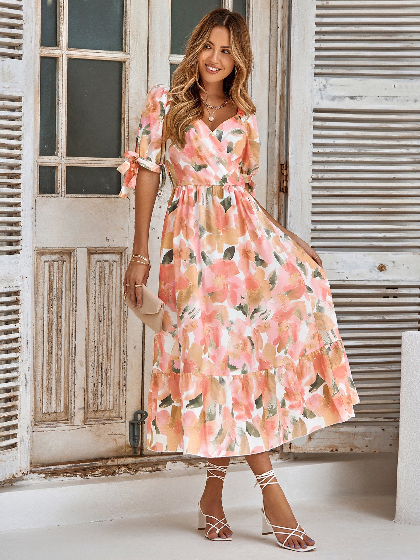Floral Print Puff Sleeve V neck Maxi Dress