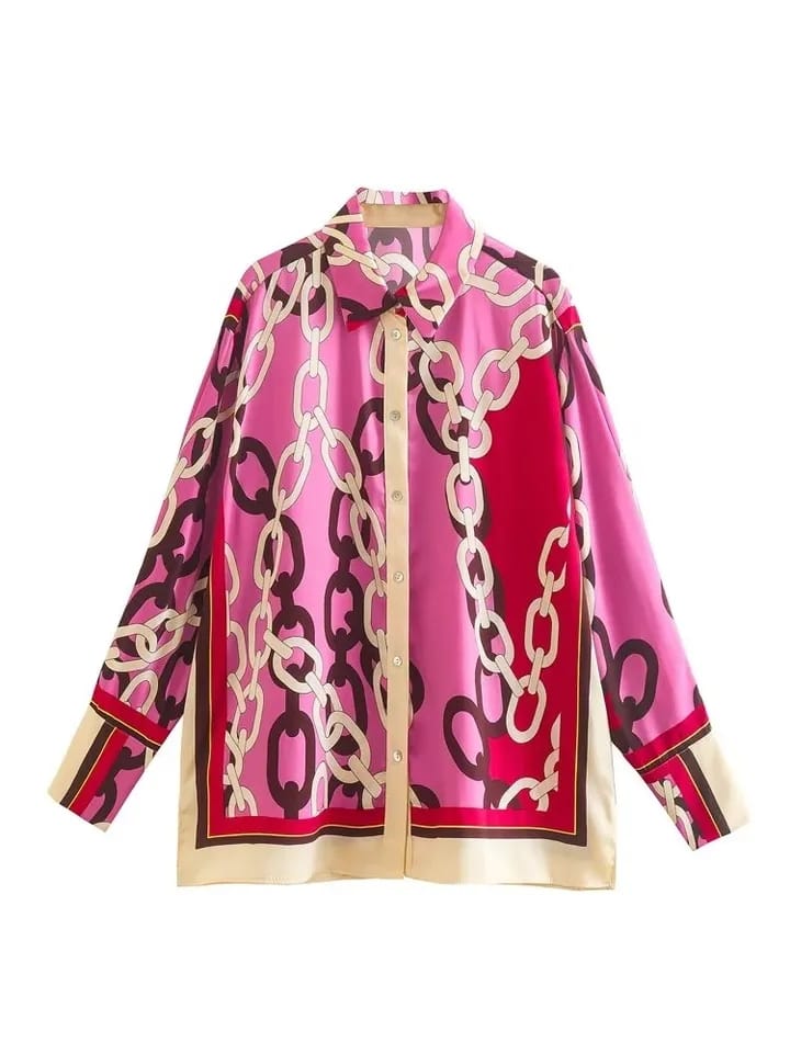 Pink Chain Print Satin Shirt
