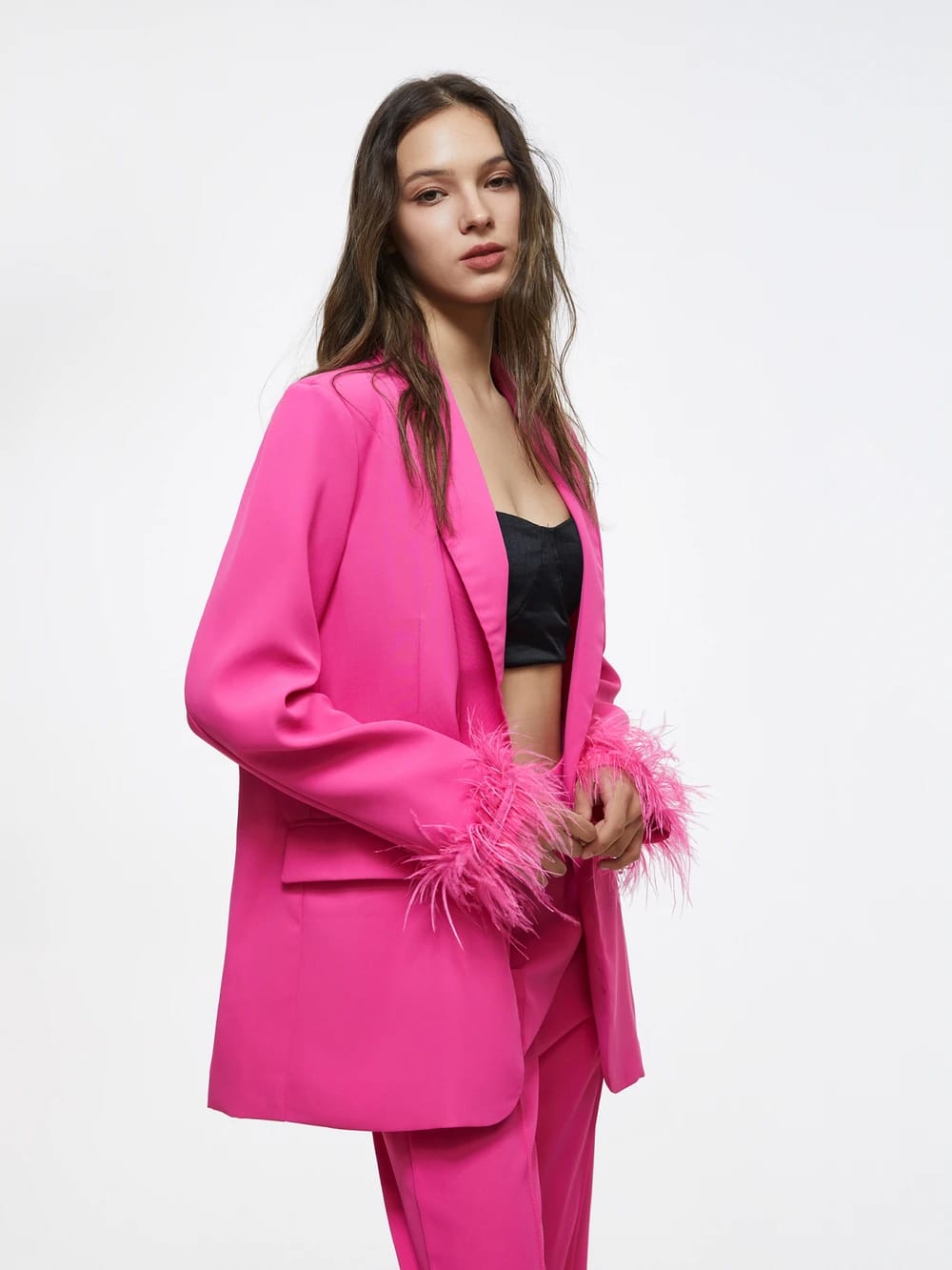 Feather Sleeves Blazer & Pants Coord Set