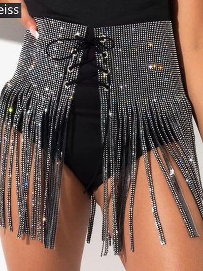 Rhinestone Sequin Tassel Fringe Skirt Belt