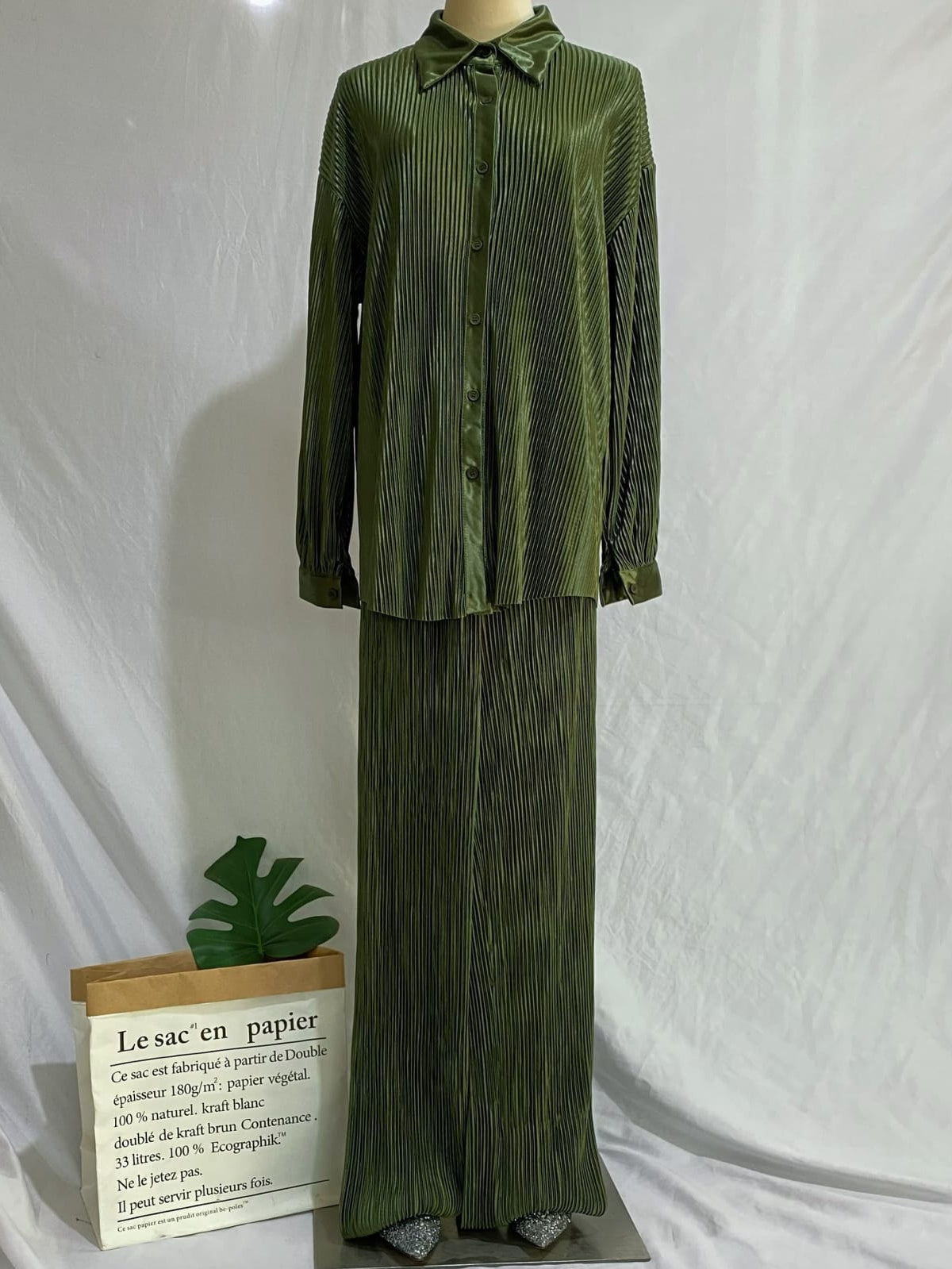 Oversized Pleated Shirt & Pants Elastic Waist Set