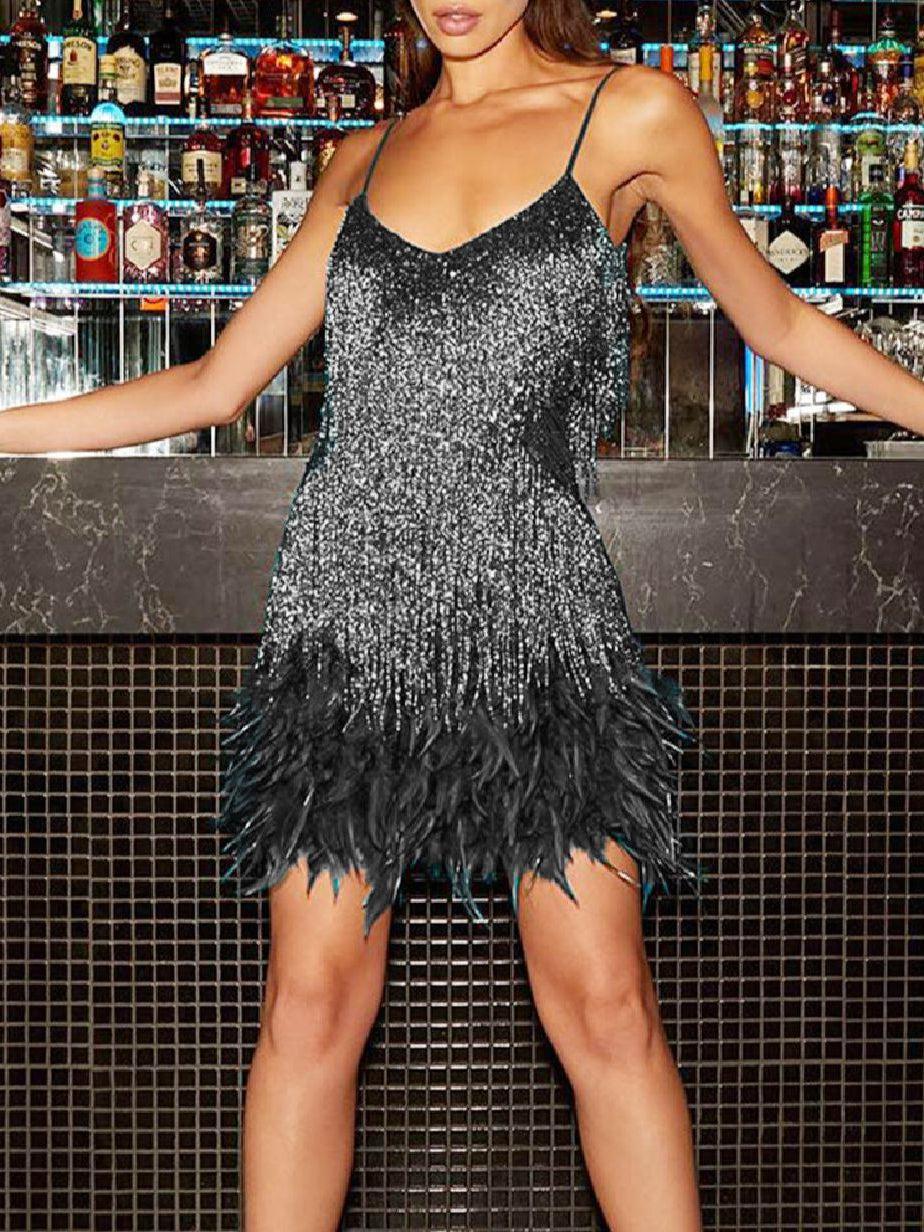 Black Tassel Sequins Feather Fur Dress