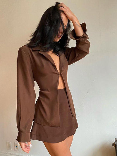 Loose Full Sleeve Deep V-Neck Suit with Shorts Co-Ord Set