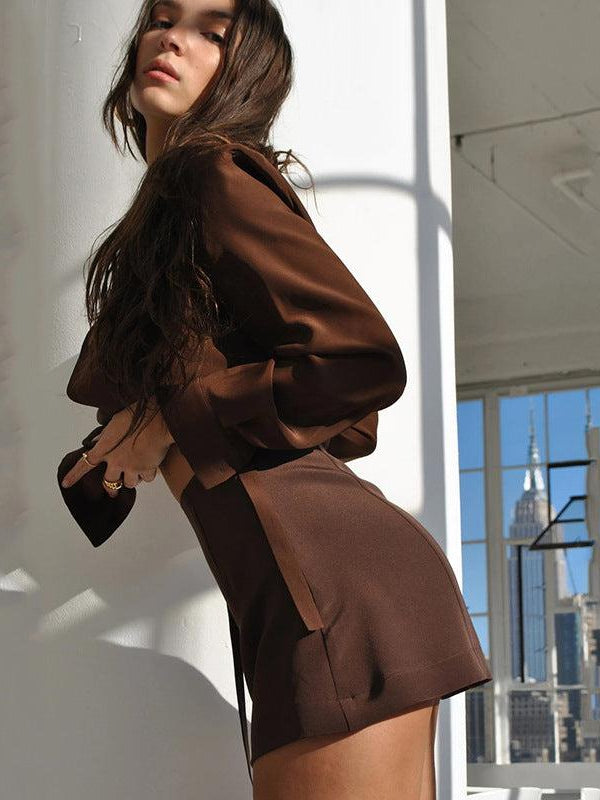 Loose Full Sleeve Deep V-Neck Suit with Shorts Co-Ord Set