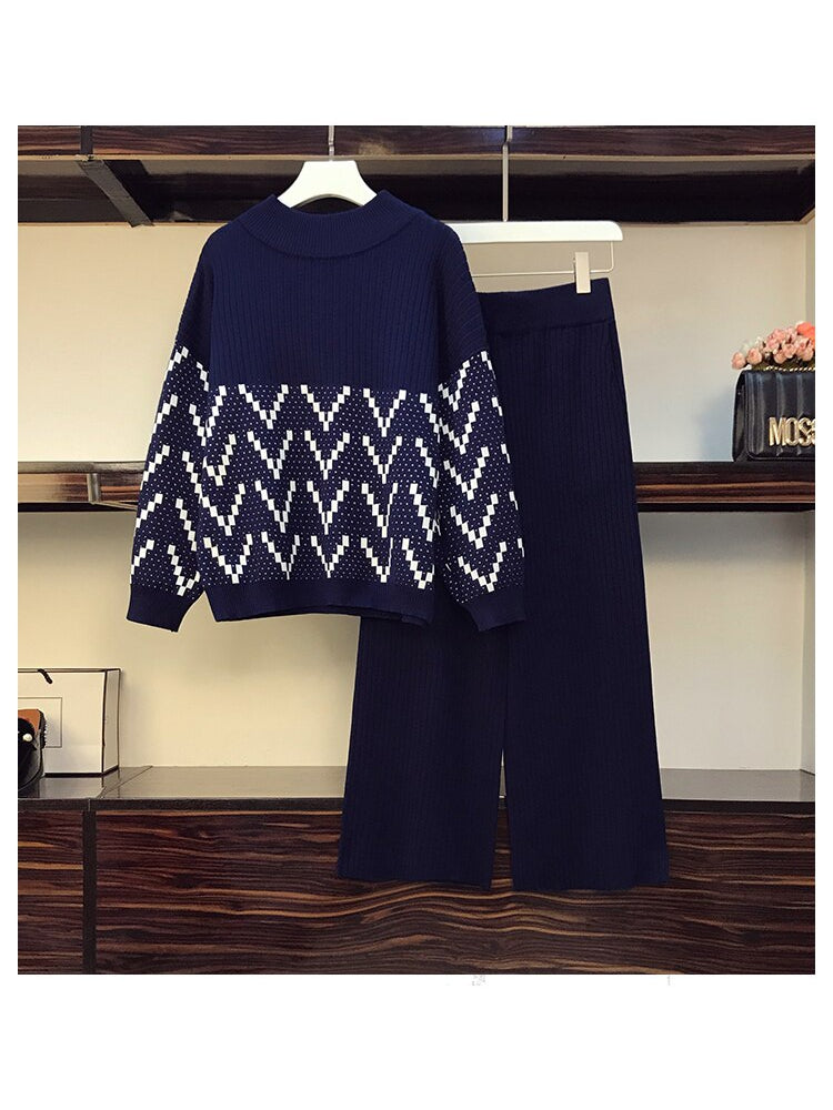 Turtleneck Top Jacquard Wide Leg Pants Set - Winter