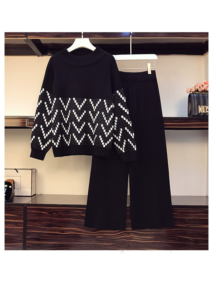 Turtleneck Top Jacquard Wide Leg Pants Set - Winter