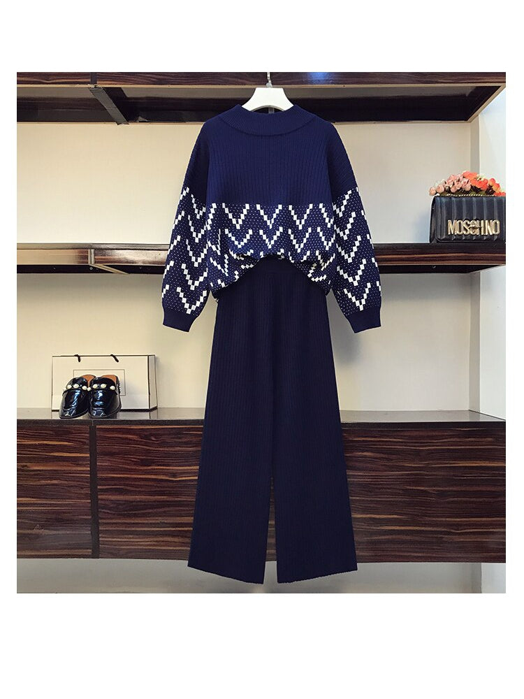 Turtleneck Top Jacquard Wide Leg Pants Set - Winter