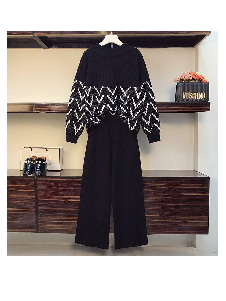 Turtleneck Top Jacquard Wide Leg Pants Set - Winter