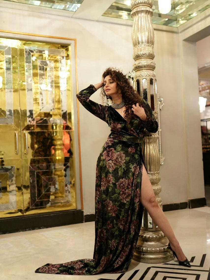 Velvet Thigh High Split Gown from IIRAXSR Collection