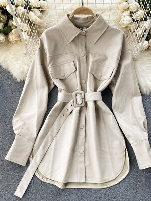 PU Leather Jacket Dress with Belt