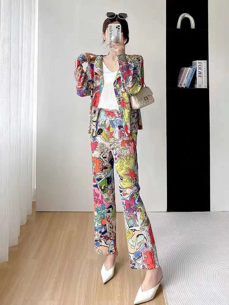 Graphic Print Pleated Blazer & Pants Coord Set