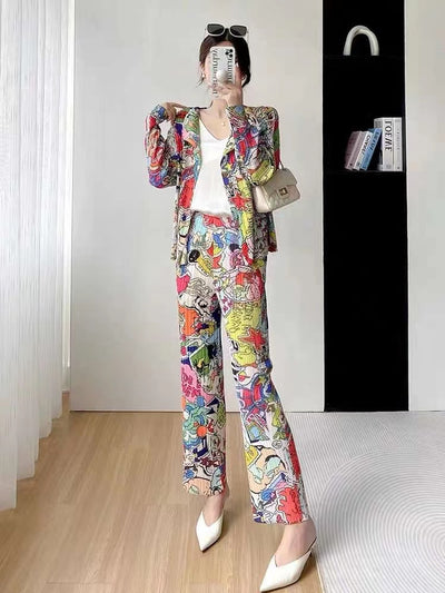 Graphic Print Pleated Blazer & Pants Coord Set
