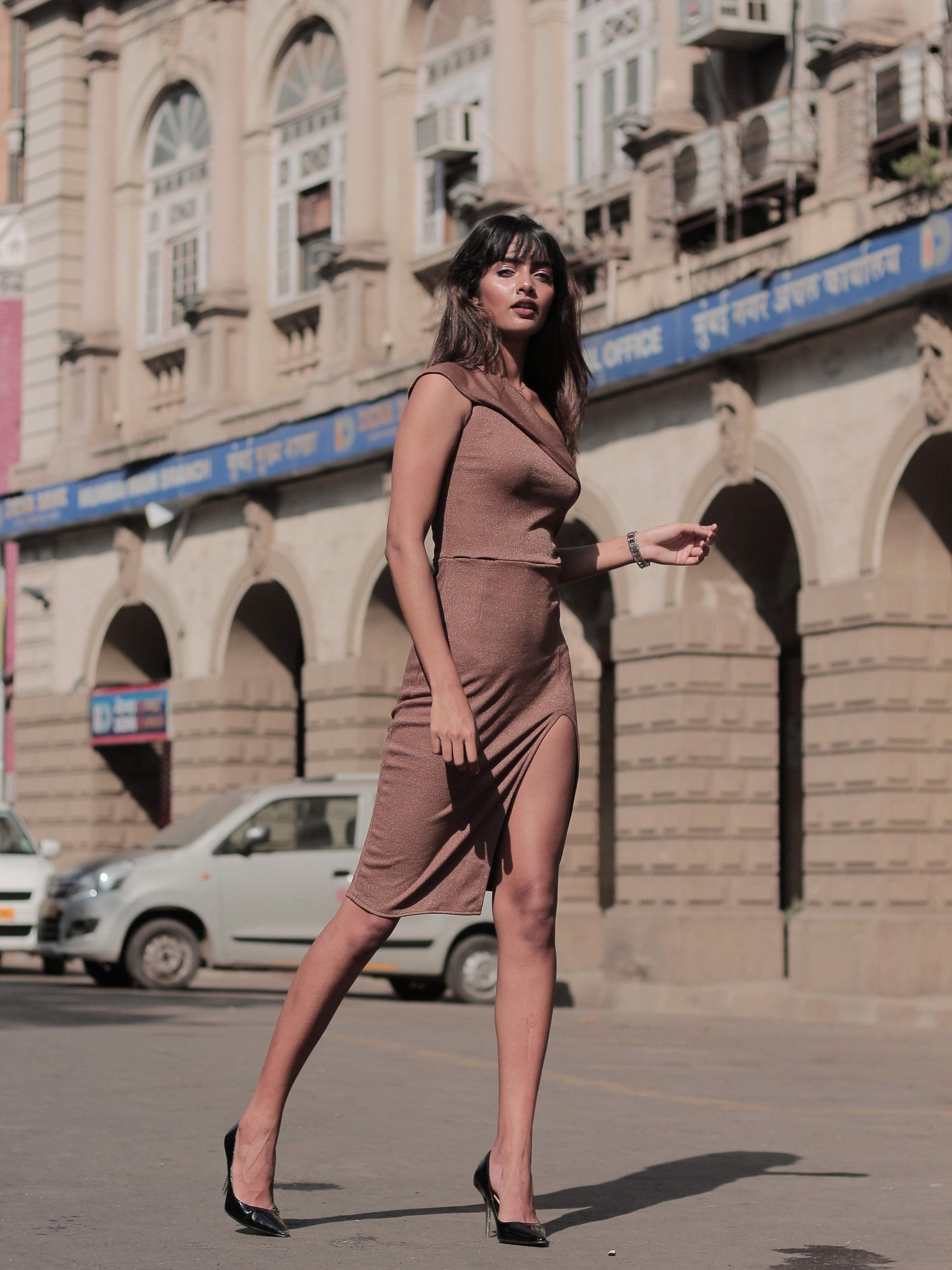 Shimmer One Shoulder Slit Dress