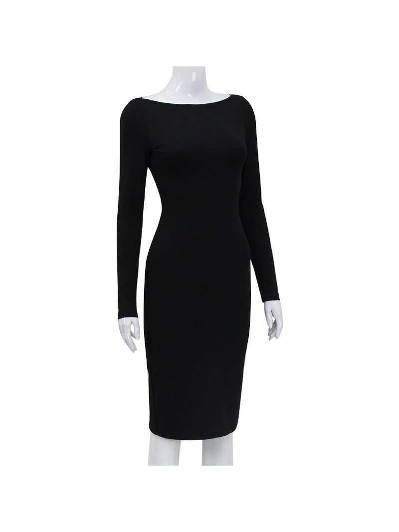 Full Sleeves Backless Pure Slit Midi Dress with Zipper