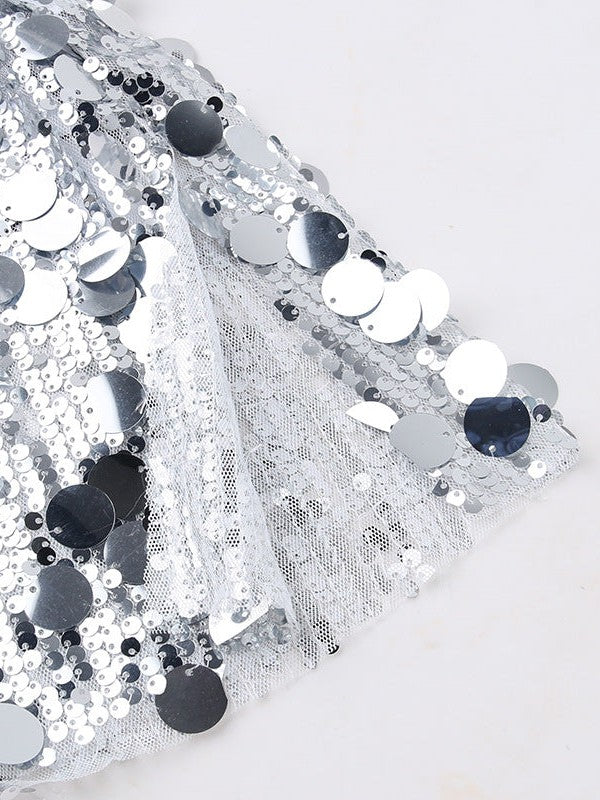 Square Neck Sequins Full Sleeve Backless Split Dress