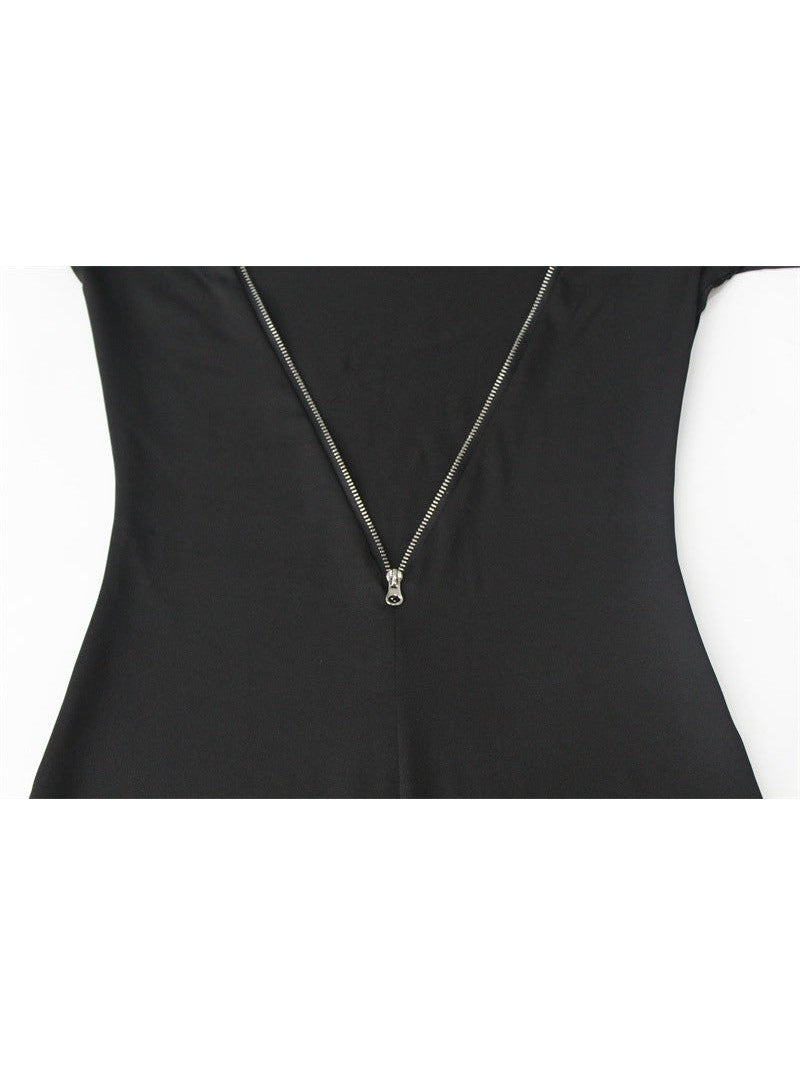 Full Sleeves Backless Pure Slit Midi Dress with Zipper