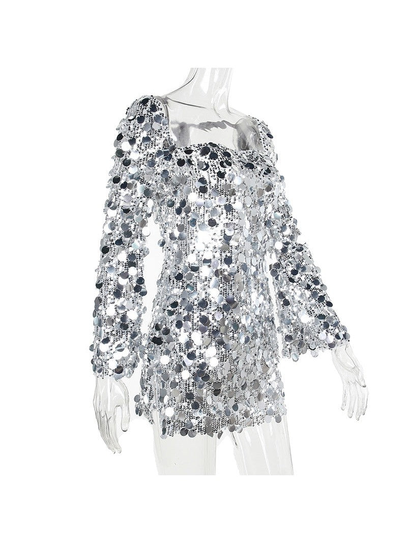 Square Neck Sequins Full Sleeve Backless Split Dress