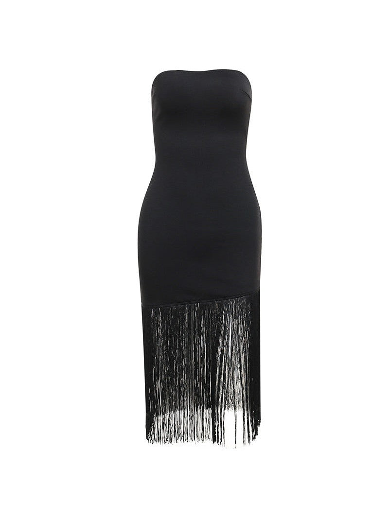 Black strapless tube dress with long fringe tassel hem.