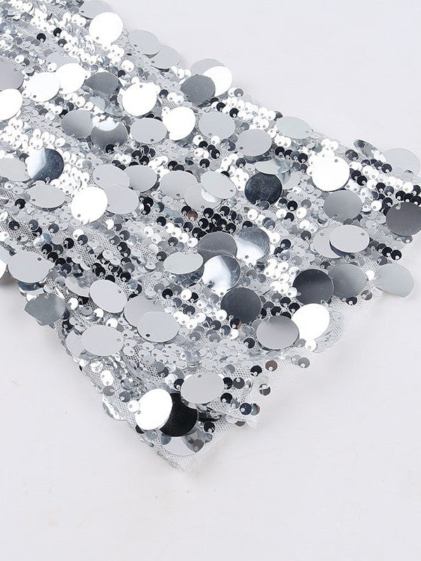 Square Neck Sequins Full Sleeve Backless Split Dress