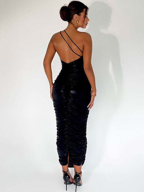 Metallic Coated One Shoulder Sheath Knitted Coated Dress