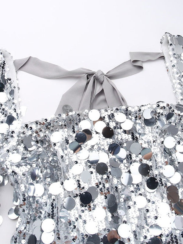 Square Neck Sequins Full Sleeve Backless Split Dress